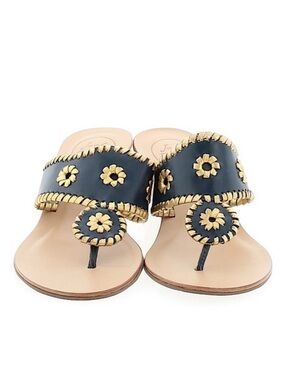 Jack Rogers Black Leather Thong Sandals with Gold Accents